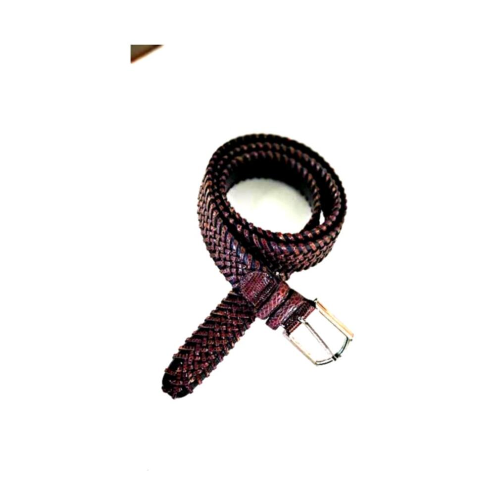 Brown Woven Lizard Belt Mezlan Mens Size 42 Spain Silver Buckle Whip Stitch